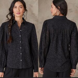 Sundance Women’s Black Cotton Long Sleeve Blouse Size PXXS Petite XS Thread Deta